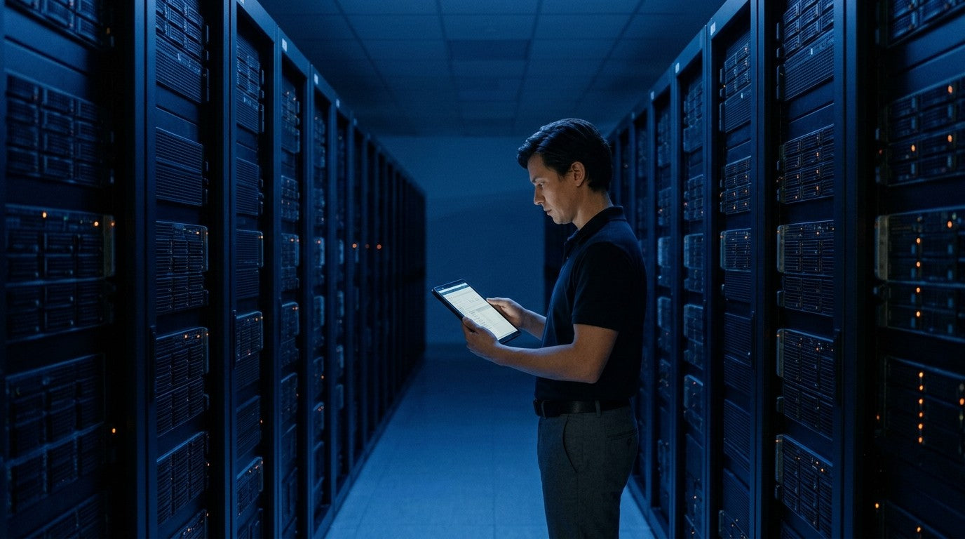 Ingeniero revisando una lista de cumplimiento en un pasillo de data center