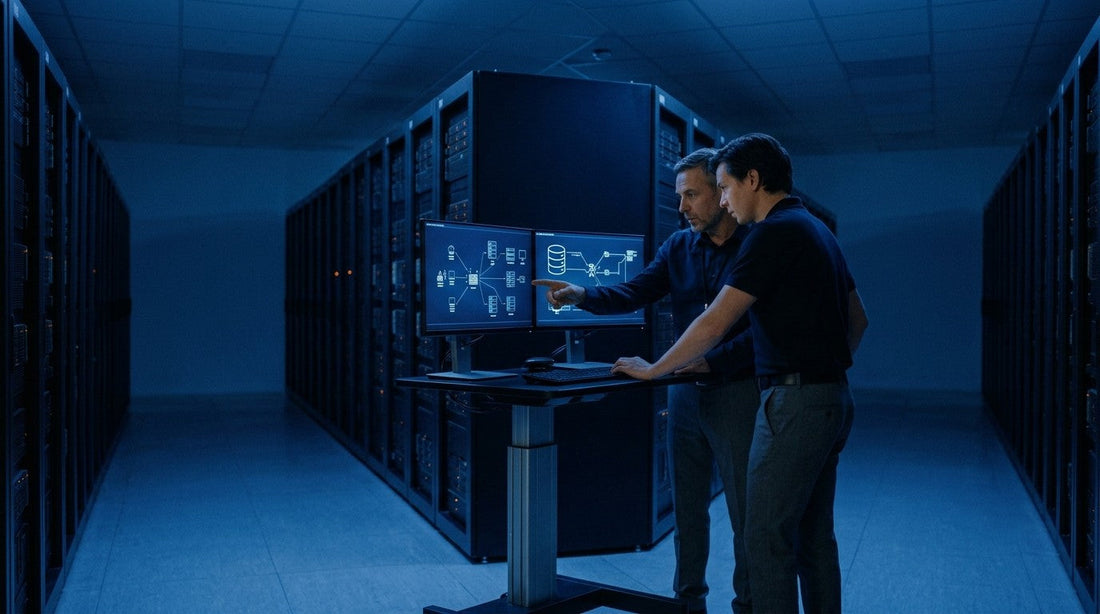 Ingenieros comparando dos plataformas de virtualización en monitores paralelos