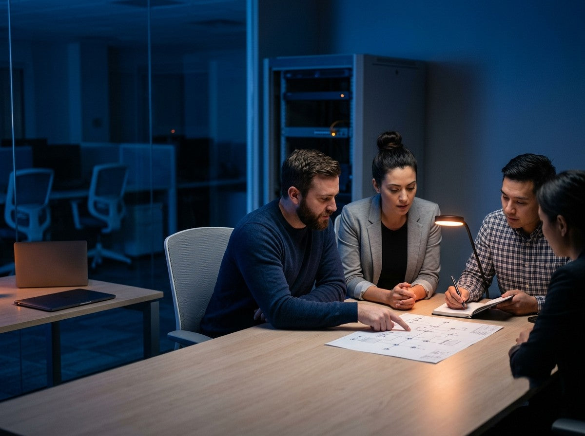 Equipo de OS4IT revisando un plan de infraestructura en reunión